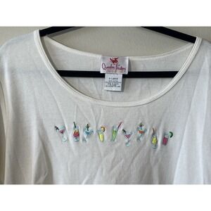 Quacker Factory Top Women's XL Embroidered Cocktail Drinks Short Sleeve White